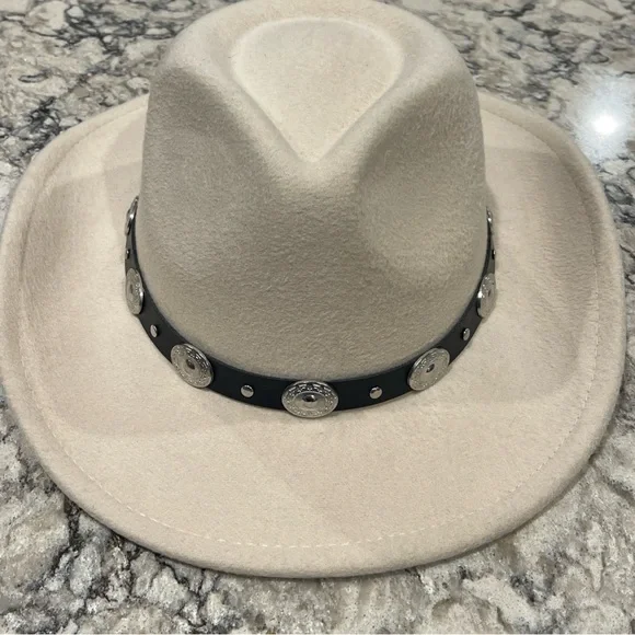 Ivory Western Hat with Silver Concho Band,Polyester Cotton blend, adjustable - Picture 7 of 14